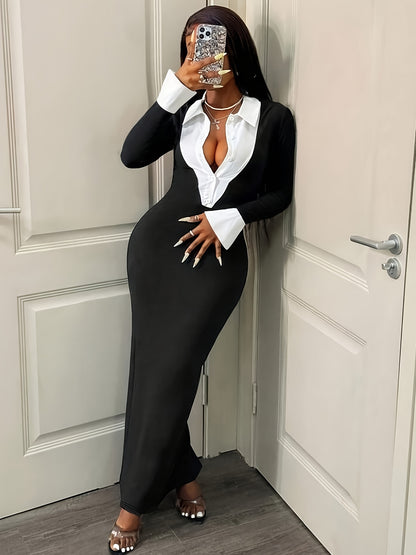 New Spring And Autumn Long Dress with Color-Blocking And Side Slits, Featuring Long Sleeves with Bell Cuffs And a Fitted Design.