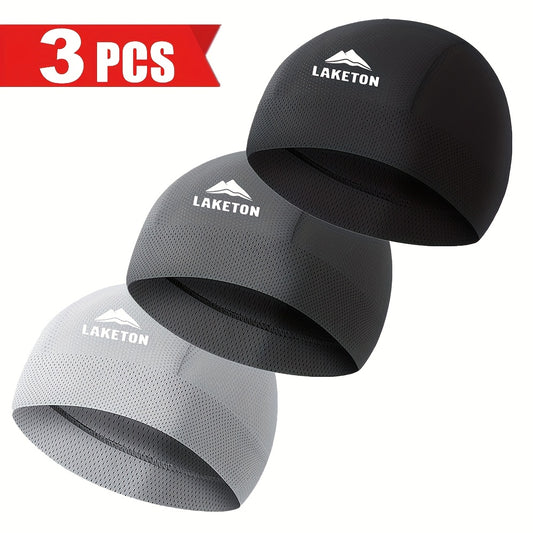 3pcs Men'S Lightweight, Breathable Running Caps - High Elastic, Quick-Dry, Moisture-Wicking for Outdoor Sports & Cycling, Black with White Logo, Sports Headgear | Modern Knit Cap | Stretchable Fabric