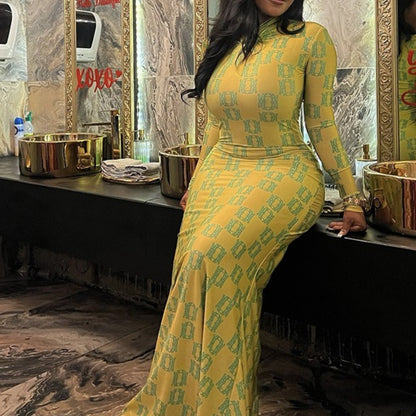 ARTPAGE Vintage Homewear Women'S Slim-Fit Elegant Printed Pencil Skirt Pleated High Neck Long Sleeve Dress | Trendy, Regular Fit, Belted Detail, Long Length