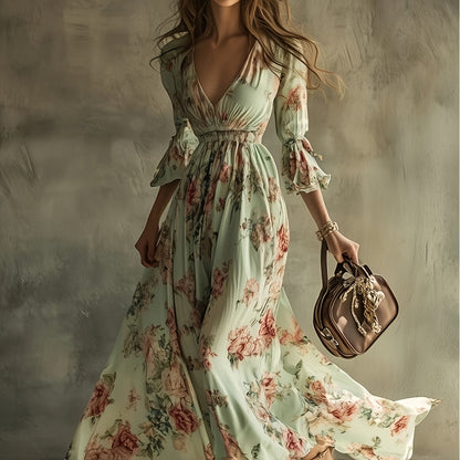 Bohemian Floral V-Neck Maxi Dress - Lightweight Chiffon Sundress Featuring a Stylish High Slit, Perfect for Festivals Or Beach Cover-Ups, with a Flowing Hem Ideal for Music Festivals And Holidays