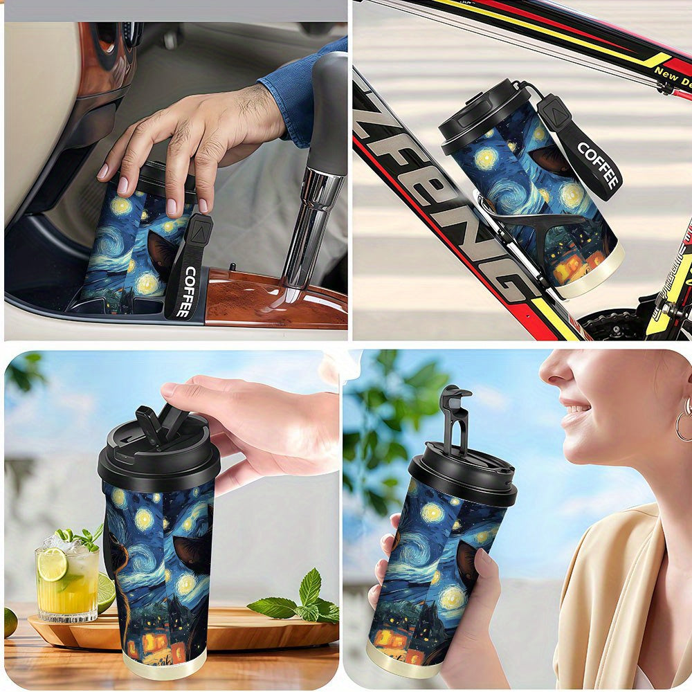 1pc Van Gogh Starry Night & Black Cat Stainless Steel Tumbler - Double-Wall Vacuum Insulated Coffee Cup with Handle, Leakproof & Shatterproof Design, Van Gogh Artwork, Birthday Gift for Men & Women, Travel Mug