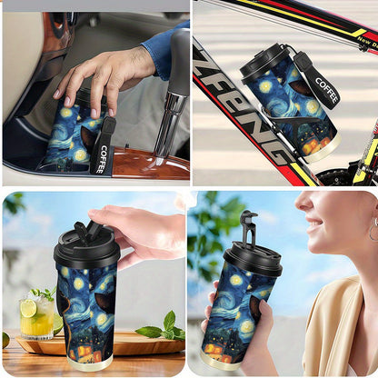 1pc Van Gogh Starry Night & Black Cat Stainless Steel Tumbler - Double-Wall Vacuum Insulated Coffee Cup with Handle, Leakproof & Shatterproof Design, Van Gogh Artwork, Birthday Gift for Men & Women, Travel Mug