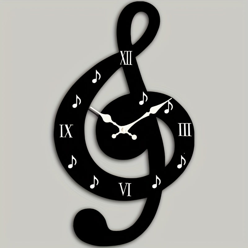 Creative hollow-out wall clock, minimalist musical note design, irregularly cut music-themed clock, silent quartz movement. Suitable for bedrooms, living rooms, offices, kitchens, and bathrooms. Battery-powered (batteries not