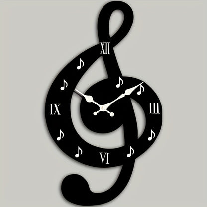 Creative hollow-out wall clock, minimalist musical note design, irregularly cut music-themed clock, silent quartz movement. Suitable for bedrooms, living rooms, offices, kitchens, and bathrooms. Battery-powered (batteries not