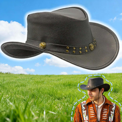 Black Genuine Leather Cowboy Western Hat for Men & Women – Classic Outdoor Ranch Style, Durable Wide-Brim Design for Horseback Riding, Country Events, Travel, Festivals & Daily Wear – Perfect Gift for Winter Season, Chris