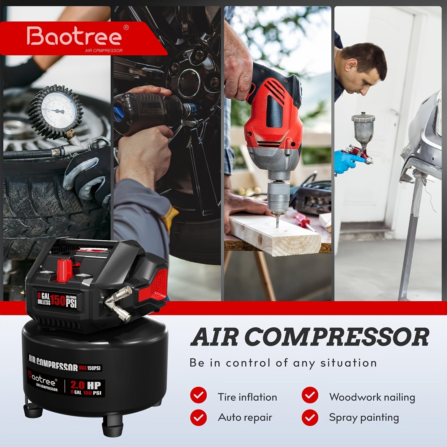 8 Gallon Portable Ultra Quiet Air Compressor, Max 150PSI Oil Free Air Compressor Tank, 2HP Motor 2, 8SCFM@90 PSI, 3, 8SCFM@40PSl Garage Air Compressors for Car Repair, Spray Painting, Woodwork Nailing