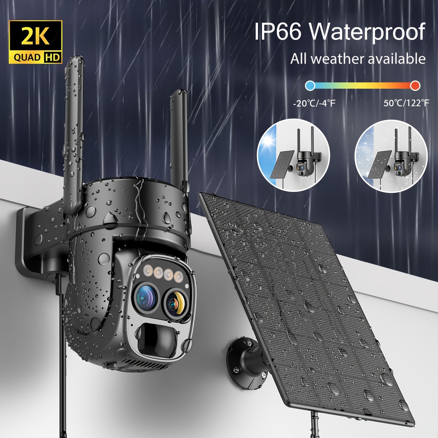 5pcs [10x Zoom] 360-degree Low-power Solar Panel Battery 2K FHD WiFi With Spotlight Alarm, Motion Detection, Color Night Vision, Two-way Audio And.