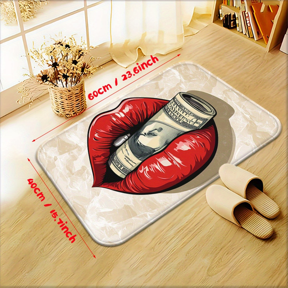 1pc Red Lips with Money Visual Door Mat - Microfiber, Absorbent, Machine Washable Polyester Rug for Bathroom, Bedroom, Living Room Entrance, Bathroom Mat | Artistic Floor Mat | Durable Floor Covering, Bathroom Decor