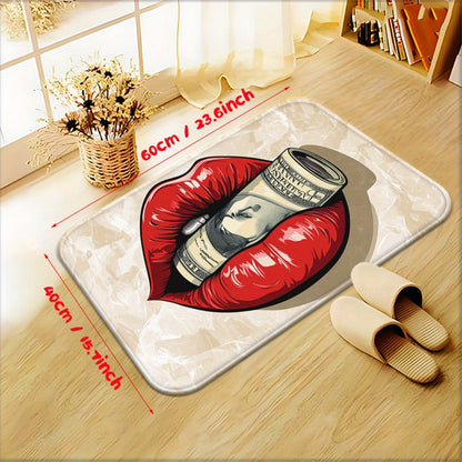 1pc Red Lips with Money Visual Door Mat - Microfiber, Absorbent, Machine Washable Polyester Rug for Bathroom, Bedroom, Living Room Entrance, Bathroom Mat | Artistic Floor Mat | Durable Floor Covering, Bathroom Decor