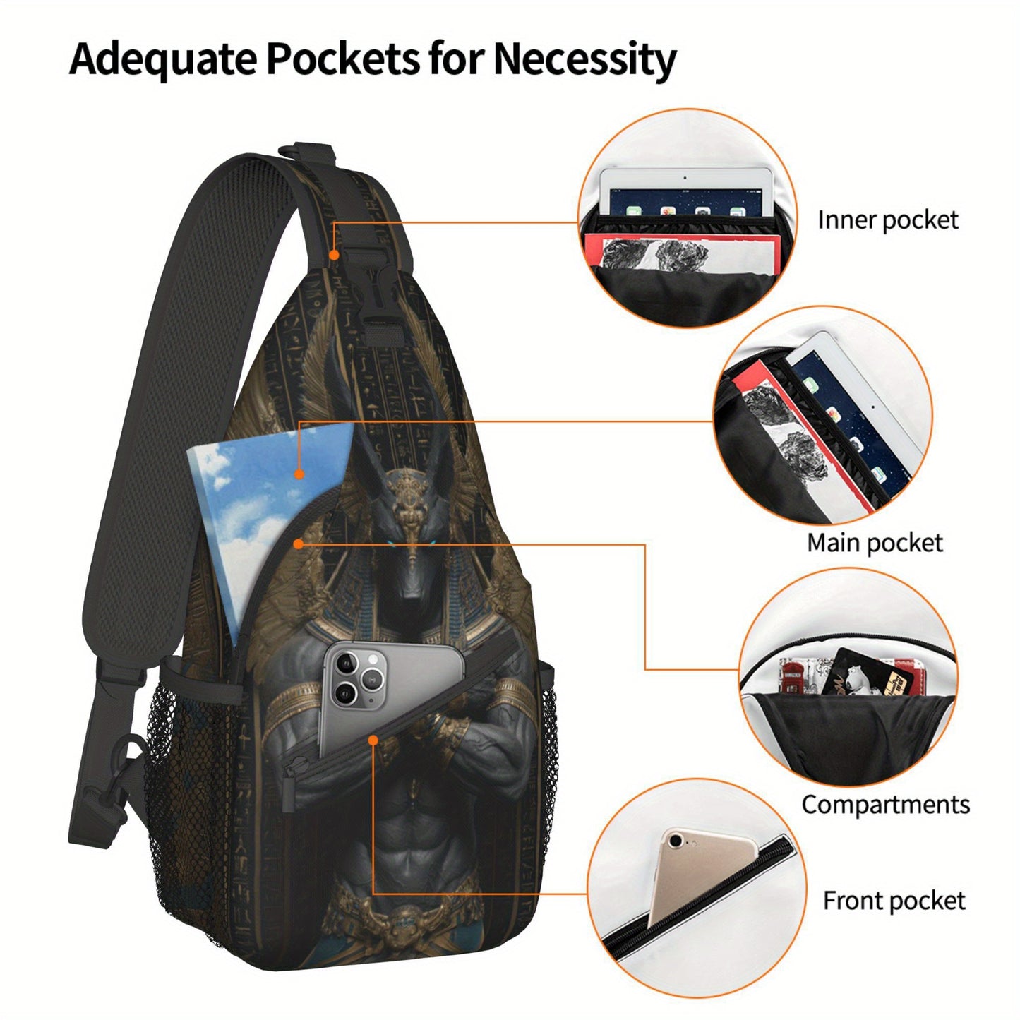Men's Egyptian God Anubis Sling Bag - Egyptian-Themed Chest Pack with Anubis Print & Horus-Eye Golden Accent, Zipper Closure, Hands-Free Crossbody Bag for Cycling, Travel, Casual Use - Ancient Egyptian Design Gift for Adventu