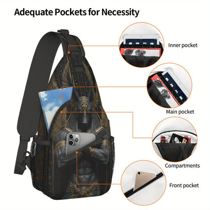 Men's Egyptian God Anubis Sling Bag - Egyptian-Themed Chest Pack with Anubis Print & Horus-Eye Golden Accent, Zipper Closure, Hands-Free Crossbody Bag for Cycling, Travel, Casual Use - Ancient Egyptian Design Gift for Adventu