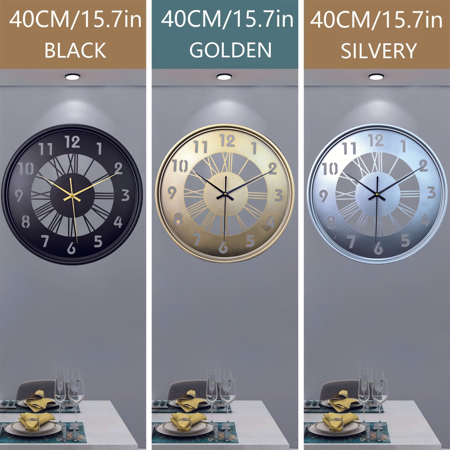 One 16-inch large wall clock, silent with no ticking sound, battery-powered digital clock, industrial metal indoor clock, suitable for living rooms, kitchens, cafes, home decor - available in black, Golden, and Silvery