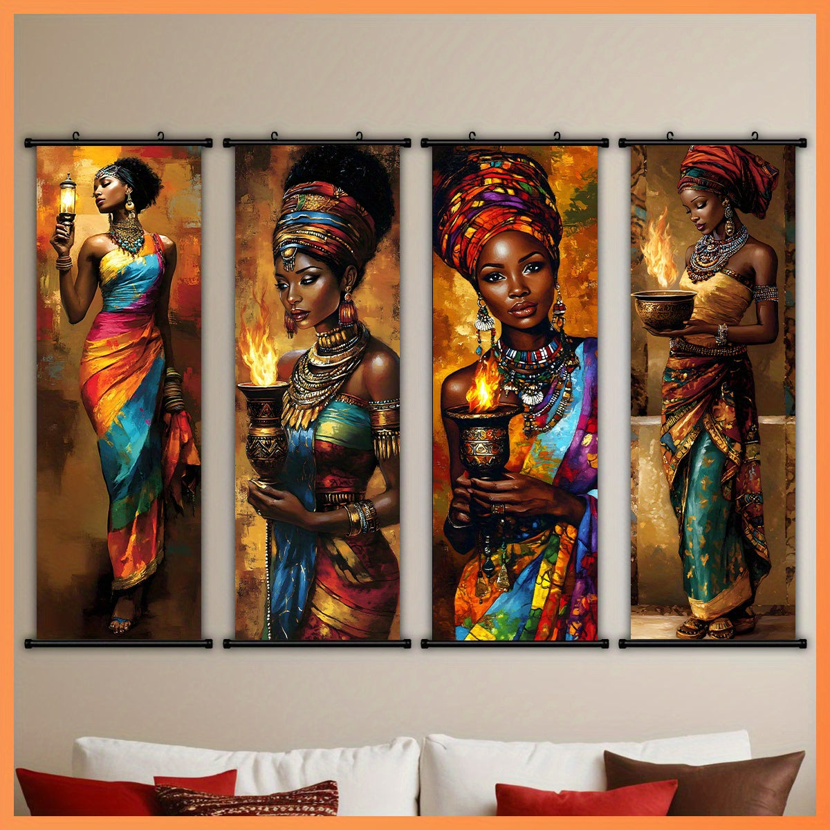 2D Flat, 2D/FLAT - 4pcs Vibrant African Tribal Art Wall Decor Set with Plastic Hooks, Easy to Hang – Perfect for Bedroom, Office, Living Room, Café Wall Decoration in Halloween Style, Halloween Wall Art, Indian Home Decor