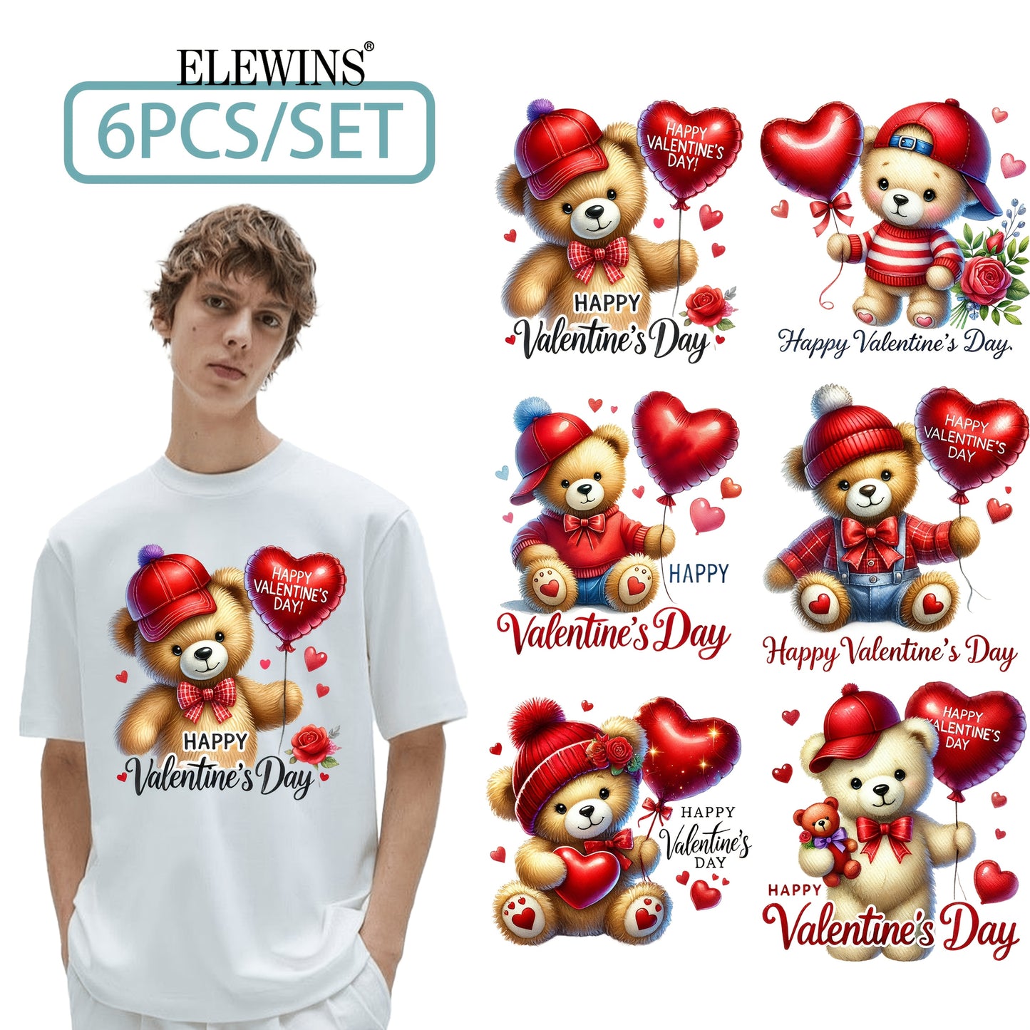 Set of 6 ELEWINS Valentine'S Day Bear-Themed DTF Iron-On Transfers - Vinyl Heat Transfer Sheets Featuring an Adorable Bear And Heart Designs, Suitable for Machine Washing. Ideal for T-Shirts, Hoodies, Jeans, Backpacks, And Pi