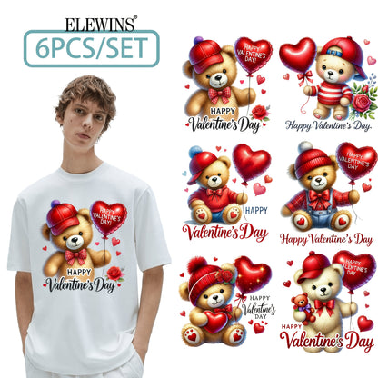 Set of 6 ELEWINS Valentine'S Day Bear-Themed DTF Iron-On Transfers - Vinyl Heat Transfer Sheets Featuring an Adorable Bear And Heart Designs, Suitable for Machine Washing. Ideal for T-Shirts, Hoodies, Jeans, Backpacks, And Pi