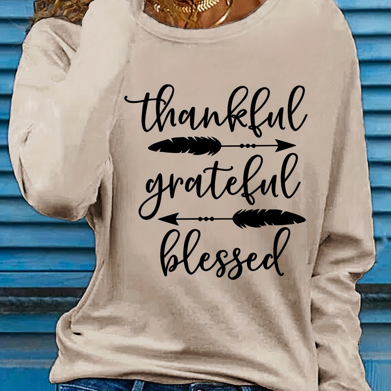 Women's Beige Thankful Grateful Blessed Print Long Sleeve T-Shirt - Loose Fit Round Neck Casual Top with Cursive Lettering & Accent, Soft Comfortable Fabric for Fall Winter Casual Attire, Thanksgiving Christian Apparel, Sprin
