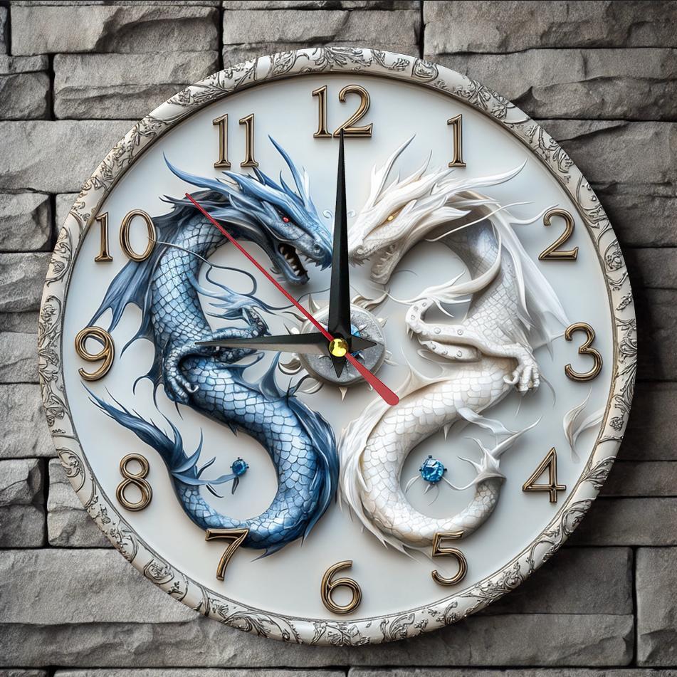 Dragon-Themed Silent Wooden Wall Clock, 9.8" Round - Farmhouse Style for Kitchen, Bedroom, Office Decor | Easy to Read, No Ticking Sound | Battery Not Included