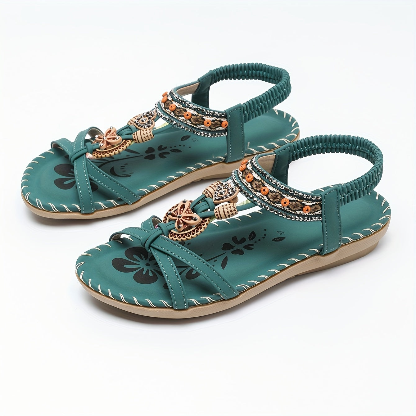 Tribal Style Striped Flats for Women, Summer Beach Sandals with Rhinestone Accents, Open Toe Slip-on with TPR Sole, Bohemian Casual Vintage Flat Heel Shoes - Huizhou Production