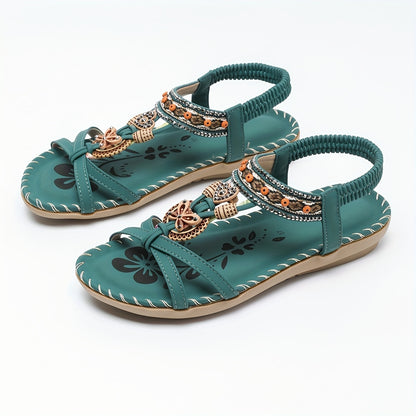 Tribal Style Striped Flats for Women, Summer Beach Sandals with Rhinestone Accents, Open Toe Slip-on with TPR Sole, Bohemian Casual Vintage Flat Heel Shoes - Huizhou Production