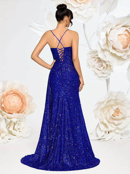 Sequin Spaghetti Strap V-Neck High-Waist Long Dress with Hollow-Out Back and Side Slit | Elegant Bodycon Evening Gown for Parties and Banquets