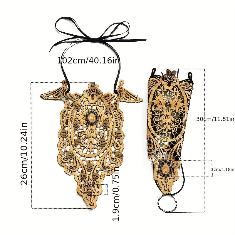 2pcs Halloween Gothic Exaggerated Hollow-Out Lace Skull Bracelet And Necklace Set for Women