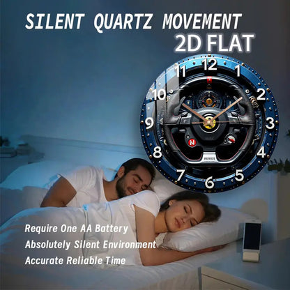 12-Inch Racing Car Steering Wheel Wall Clock - Silent Quartz Movement, Black & Yellow with Red N Emblem & Metallic Accent - Glass Round Clock for Home, Garage, Office, for Man Cave Decor - Ideal Gift for Motorsport Fans (AA B