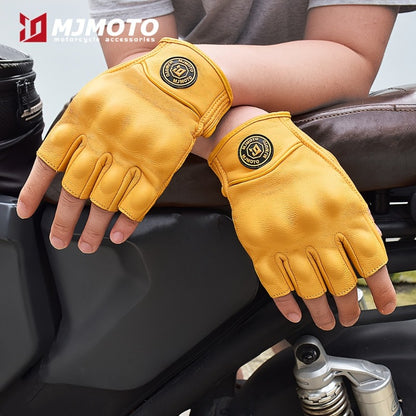 Men & Women' Retro Motorcycle Half-Finger Gloves - Yellow Breathable Riding with Hook-and-Loop Closure, Suitable for Motorbike, Dirt, Scooters, Commuting - Half-Finger for Throttle
