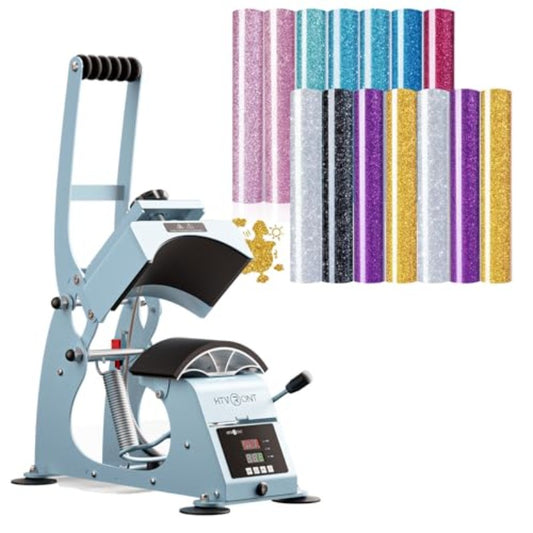 HTVRONT Hat Press Machine - Hat Press Heat Machine for Caps + Glitter Heat Transfer Vinyl Bundle - 15 Pack 12" x 10" HTV Sheets Glitter HTV Vinyl for T-Shirts