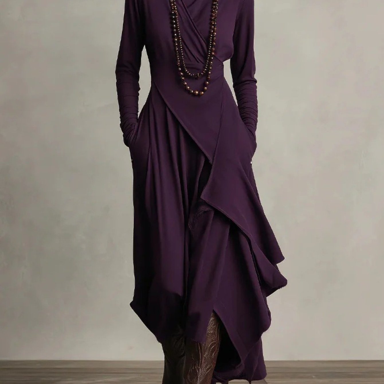 Plus Size - HERTALK Women'S Solid Color Long-Sleeved Cross High-Neck Dress Long Dress