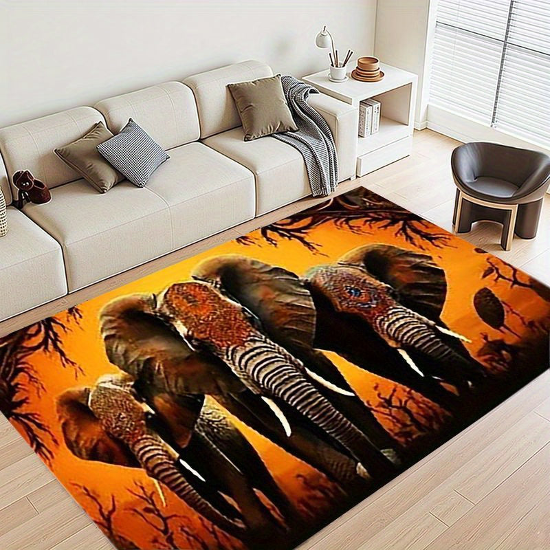 3-Elephant African Tribal Mat - Large Rectangular Floor Mat with Warm Brown/Beige/Black/Orange/ Golden/Gray Tones, Non-Slip Machine Washable Polyester Mat for Living Room, Bedroom, Entryway, Patio - Modern African Decor for H