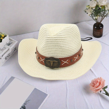 Men Women Straw Cowgirl Hat Wide Brim Stylish Bull Head Leather Belt Design Western Cap for Beach Daily Life Party