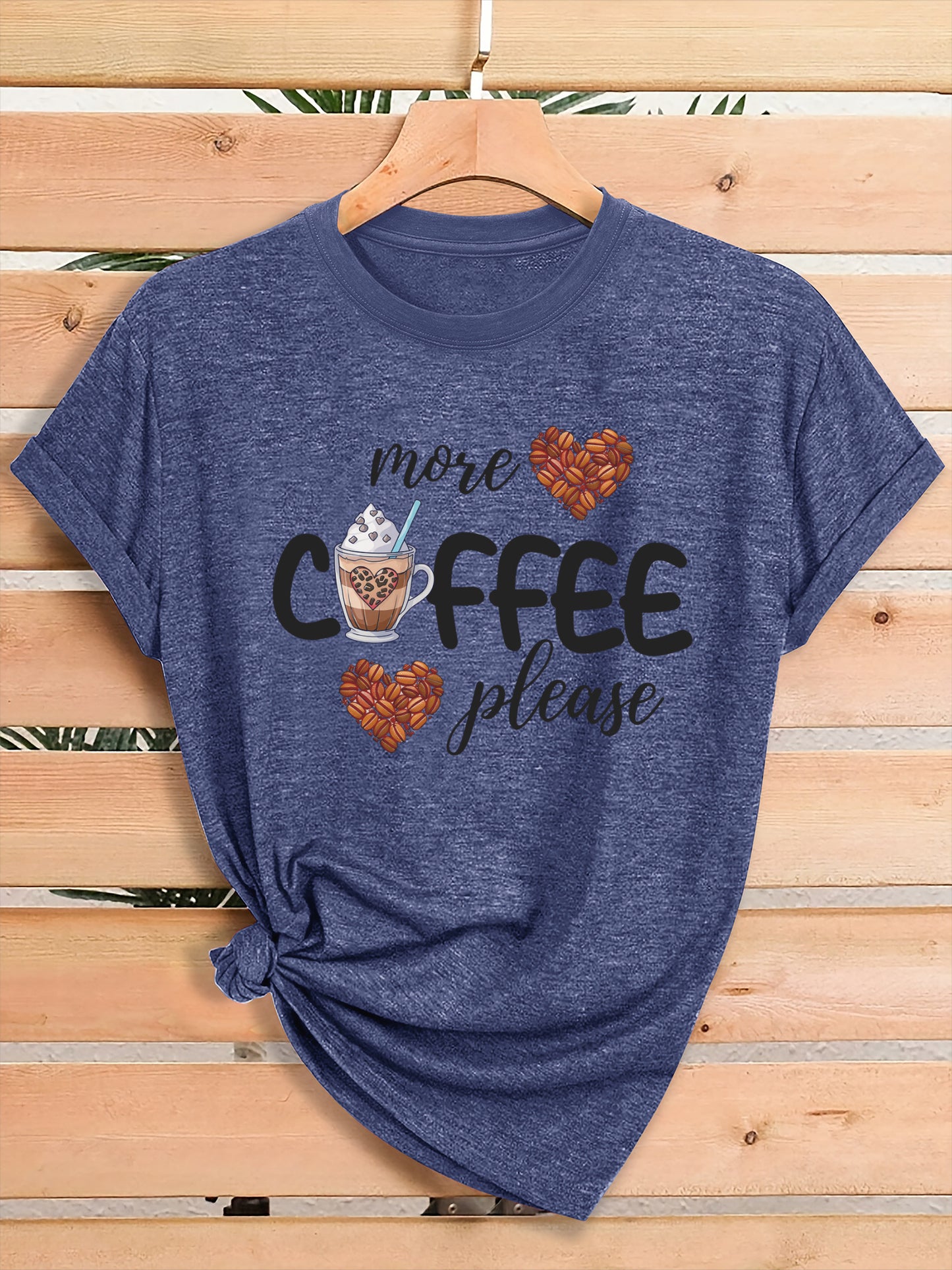Women'S Coffee Lover Graphic T-Shirt - "More COFFEE Please" Print with Coffee Beans & Heart Eyes - Soft Stretch Round Neck Casual Streetwear Top for Gym, Casual Attire & Coffee Shop Outfits - All-Season Comfort Fit Tee, Coffe