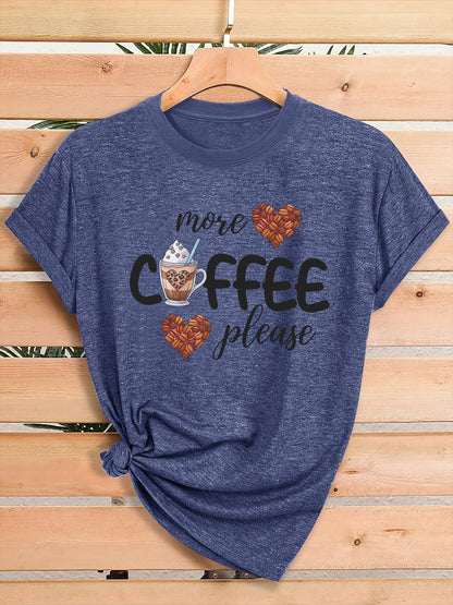 Women'S Coffee Lover Graphic T-Shirt - "More COFFEE Please" Print with Coffee Beans & Heart Eyes - Soft Stretch Round Neck Casual Streetwear Top for Gym, Casual Attire & Coffee Shop Outfits - All-Season Comfort Fit Tee, Coffe