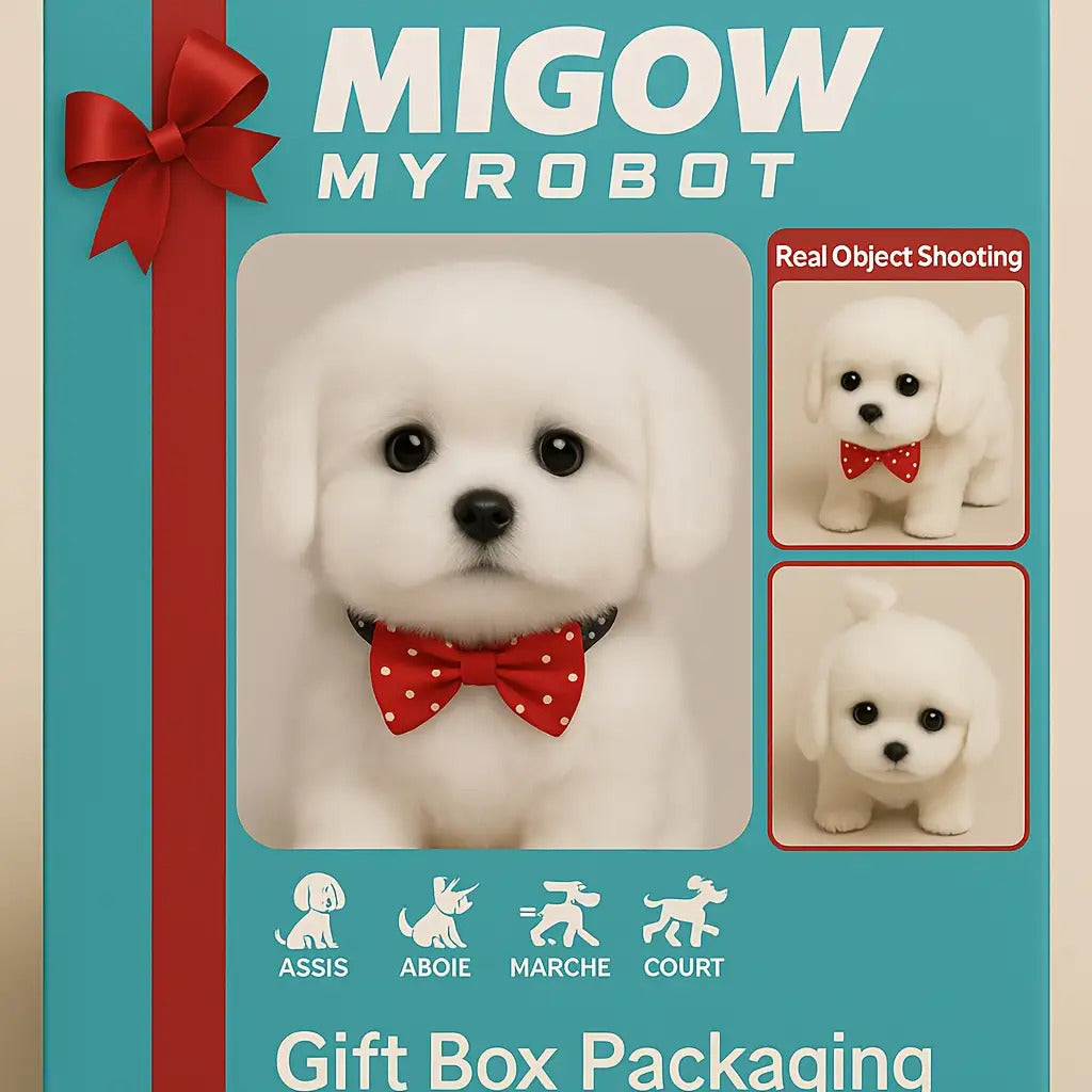 Interactive Electronic White Labrador Puppy Plush Toy - Realistic Walking, Barking & Wagging Tail Robot Dog with Expressive Eyes, Soft Non-Toxic Body & Red Polka Dot Bow Tie - Compatible with LAURA, CAMINA, CORE Commands & MI