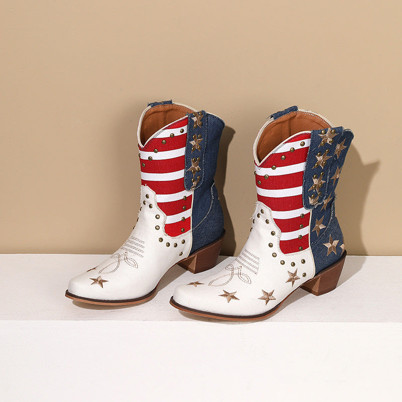 Women'S Western Cowboy Ankle Boots with Fringe & Studs - Two-Tone & Red Faux Cover, Chunky Mid-Heel, Round Toe, Pull-On Closure, Cushioned Insole & Arch Support - Western Boot for Casual, Formal, Everyday Outfits - 2025 New D
