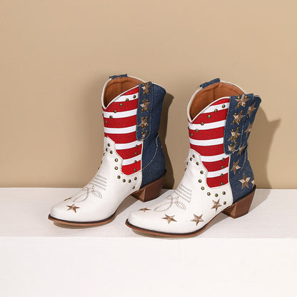 Women'S Western Cowboy Ankle Boots with Fringe & Studs - Two-Tone & Red Faux Cover, Chunky Mid-Heel, Round Toe, Pull-On Closure, Cushioned Insole & Arch Support - Western Boot for Casual, Formal, Everyday Outfits - 2025 New D