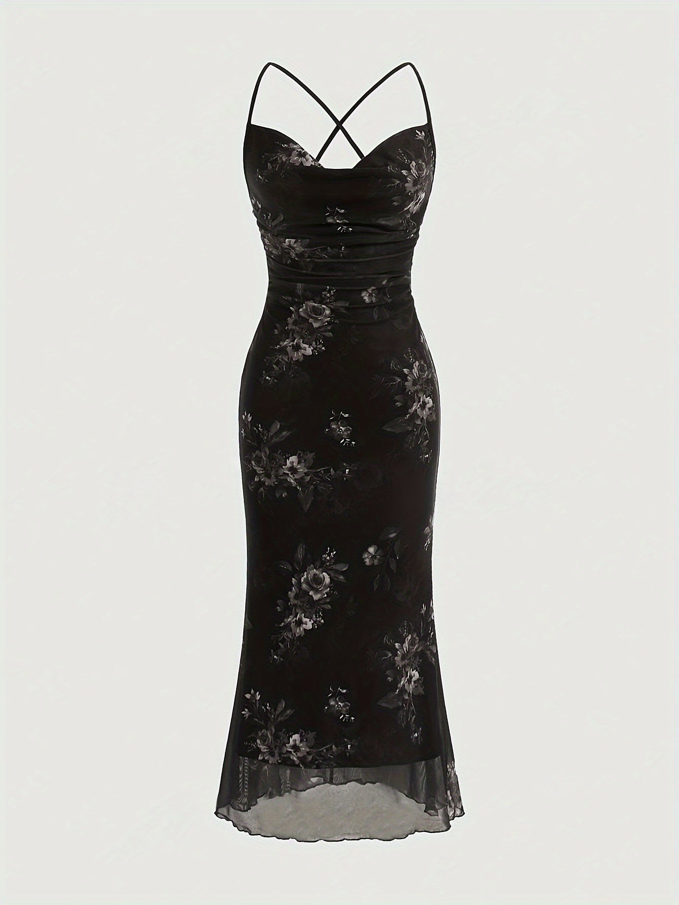 Vintage Elegant Cocktail Party Spaghetti Strap Printed Mesh Midi Dress for Women
