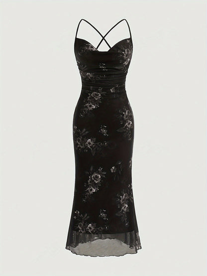 Vintage Elegant Cocktail Party Spaghetti Strap Printed Mesh Midi Dress for Women