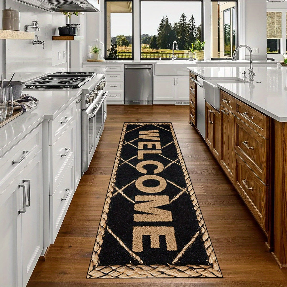 1pc HKStorage Modern Welcome Mat - Elegant Golden Lettering on Black Background, Durable Polyester Rectangular Entryway Mat for Home, Office & Commercial Spaces, Machine-Made Machine Washable, Holiday Decor for Mother'S Day,