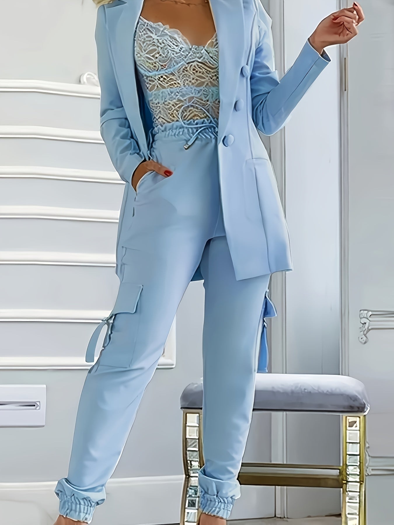 2025 Spring and Autumn Fashion Women's Solid Color Temperament Casual Suit Jacket + Elastic Waist Cuff Pants Set Commuter All-match Two-piece Set