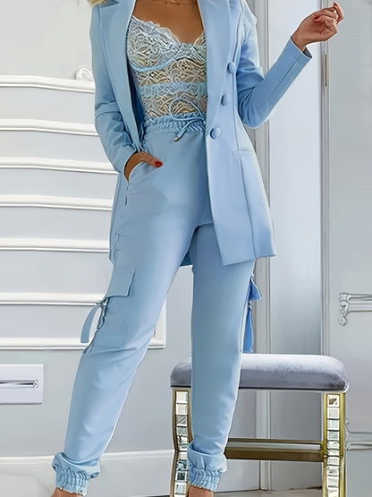 2025 Spring and Autumn Fashion Women's Solid Color Temperament Casual Suit Jacket + Elastic Waist Cuff Pants Set Commuter All-match Two-piece Set