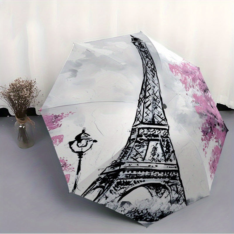 Automatic Open/Close Umbrella with Eiffel Tower Design - Parisian Landmark Pattern in Black/White/Pink/, Compact Folding Parasol with 8-Rib Sturdy Frame, Auto Umbrella for Travel, Everyday & Special Events - Ideal French Trav