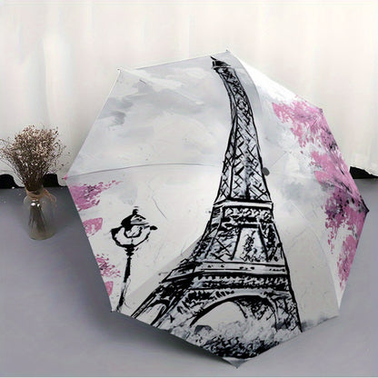 Automatic Open/Close Umbrella with Eiffel Tower Design - Parisian Landmark Pattern in Black/White/Pink/, Compact Folding Parasol with 8-Rib Sturdy Frame, Auto Umbrella for Travel, Everyday & Special Events - Ideal French Trav