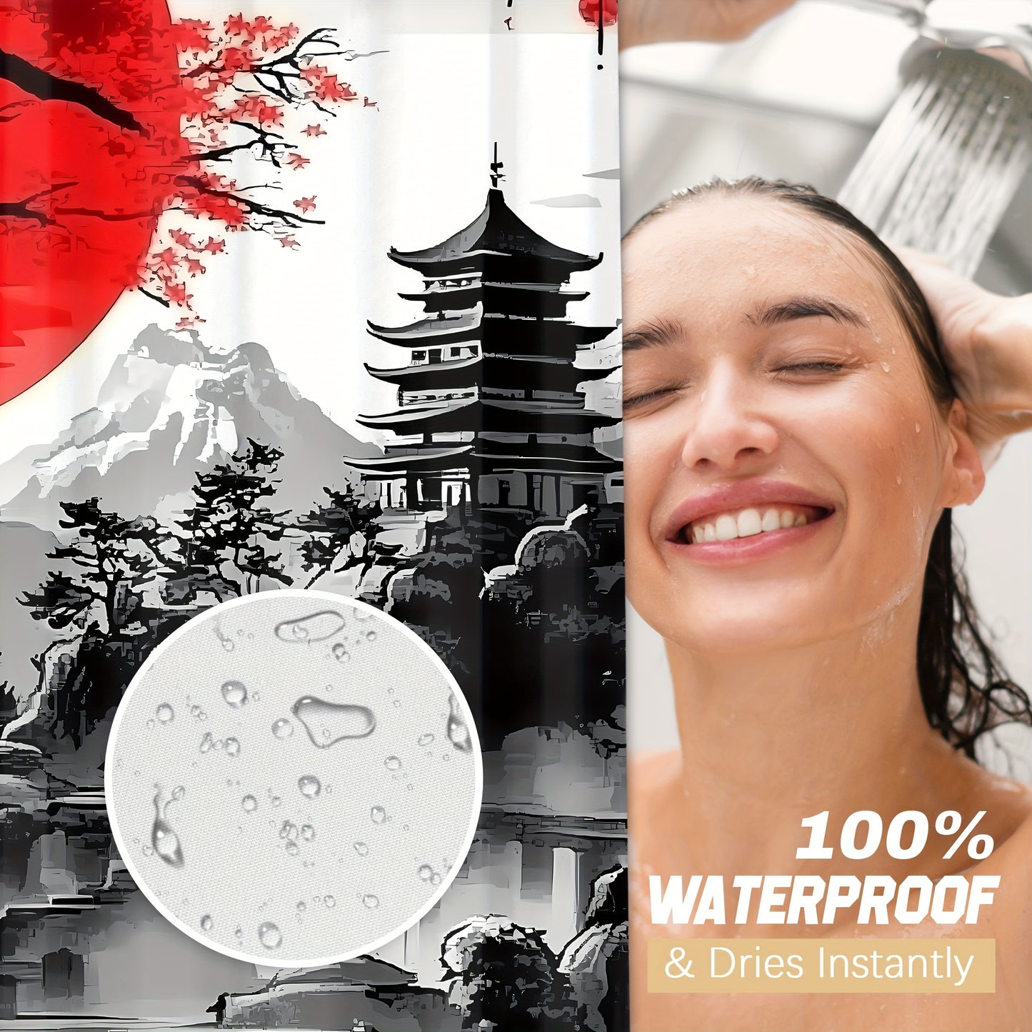 4pcs Japanese Cherry Blossom Mountain Landscape Shower Curtain Set, Black & Red Ink Wash Style with Sun, Tree, And Floral Design, Includes 12 Hooks, Toilet Lid Cover, Non-Slip U-Shaped Mat, Rugs, Traditional Asian Bathroom Ac