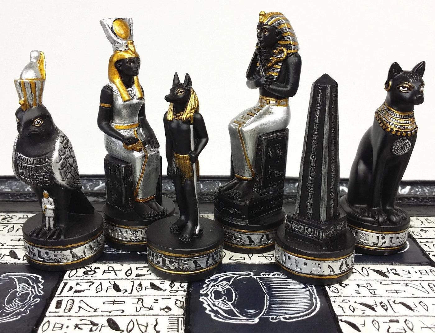 Egyptian Anubis Black Silver and Gold Chess Set w/ 16" Hieroglyphics Board – Top Trending Chess Set, Best Seller, Limited Stock, Fast Shipping, Popular Choice, Must-Have, Top Rated, Customer Favorite, Top Hot Seller, Perfec