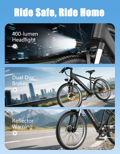 Electric Bike For Adults, 749W Motor Peak Ebike, 480Wh Removable Battery E Bike, Max 45Miles 25MPH, 26" Electric Mountain Bike, 7-Speed & Front Suspension, Electric Bicycle For Commute