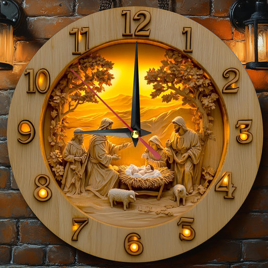 1pc 2D Vintage Jesus Nativity Scene Wooden Round Wall Clock, Farmhouse Style Home Decor, Ideal for Kitchen, Bedroom, Office - Silent, Battery Not Included, Perfect Mother'S Day Gift, 9.8x9.8 Inches