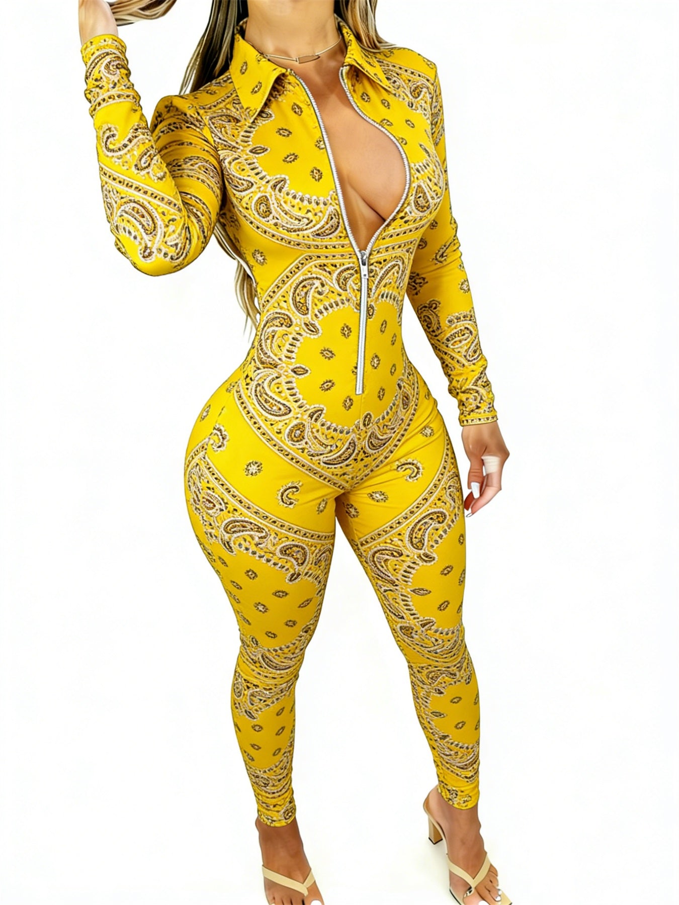 Women's Long Sleeve Slim-Fit Zip-Front Jumpsuit with Yellow Paisley Print - Eye-Catching & Modern for Dates, Small Gatherings | Sizes 2XS-2XL