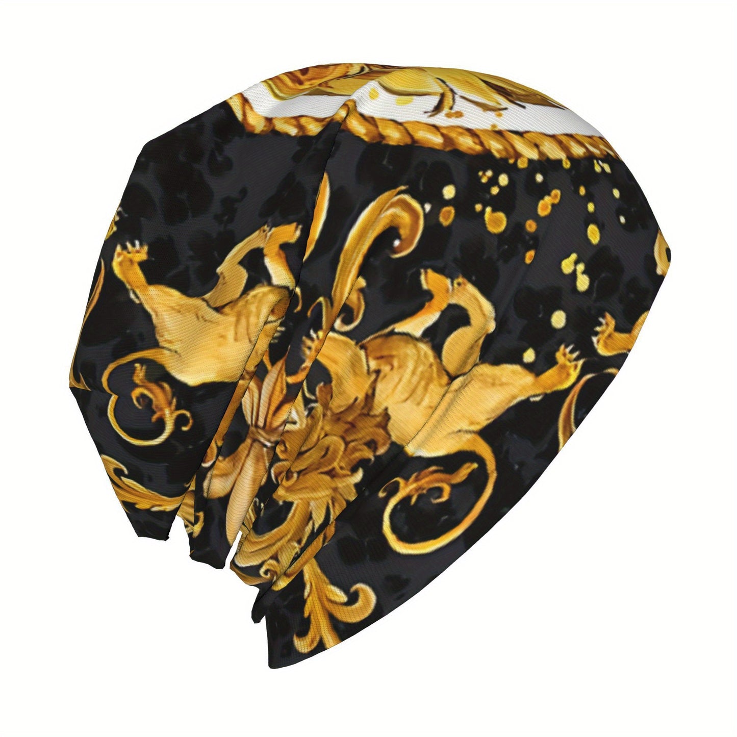 Lightweight Comfort | Golden Lion Damask Bonnet Hat for Men & Women – Lightweight, Stylish Hip Hop Beanie Cap with Ornate Golden Lion Design, Black Background with Rope Patterns, Perfect for Autumn & Spring Warmth