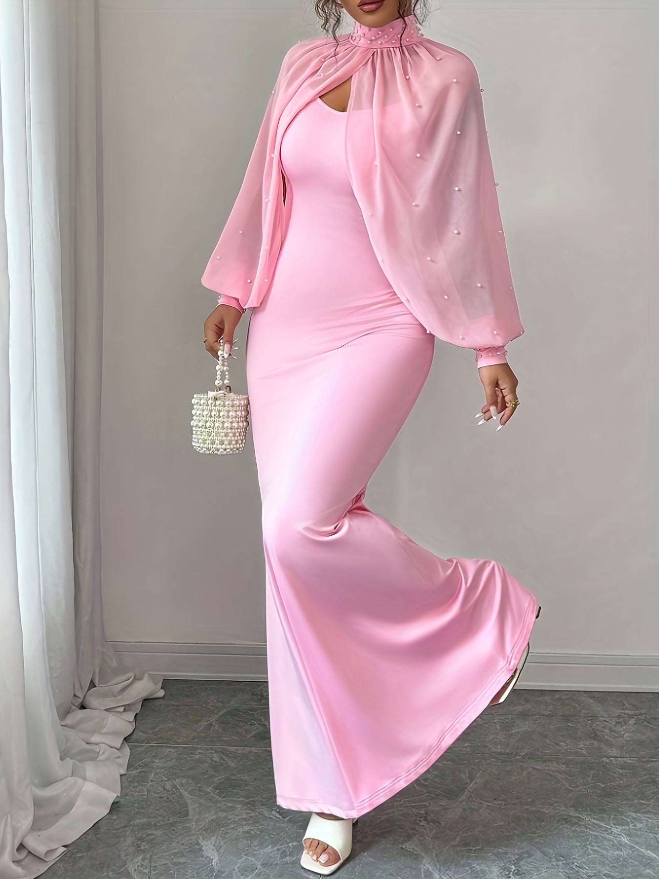 WY251221079 Elenzga New Elegant Mature Charm Evening Gown, Graceful and Gentle, Dreamy Pink, Hand-beaded Long Sleeve Top, Elegant Mermaid Fit Strapless Dress Set, Spring/Summer Women's Wear
